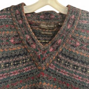 Vintage Men's V-Neck Sweater Multicolor Fair Isle Nordic 100% Wool Cabincore L